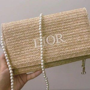 Brand New! Christian Raffia Clutch Pouch Crossbody 9in x 5.5in W/ Pearl Chain
